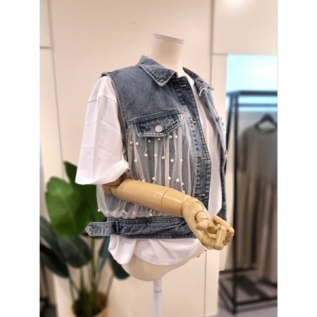 펄 망사 데님 베스트 청조끼