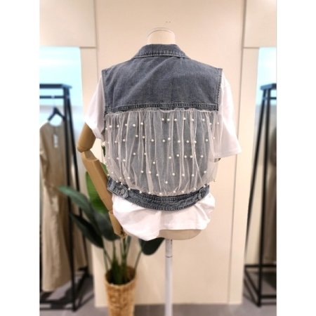 펄 망사 데님 베스트 청조끼