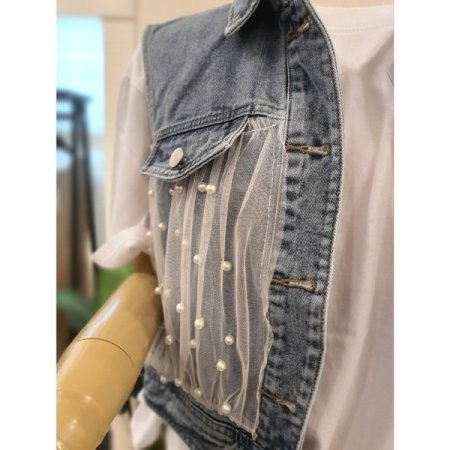 펄 망사 데님 베스트 청조끼