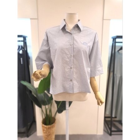 자수 스판 5부소매 셔츠 스카이블루