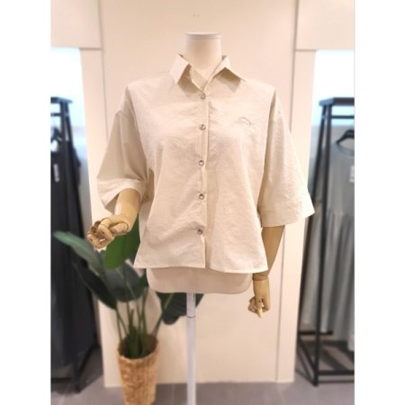 자수 스판 5부소매 셔츠 스카이블루