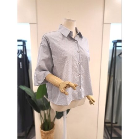 자수 스판 5부소매 셔츠 스카이블루