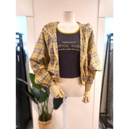 체크 후드 점퍼 세트 옐로우