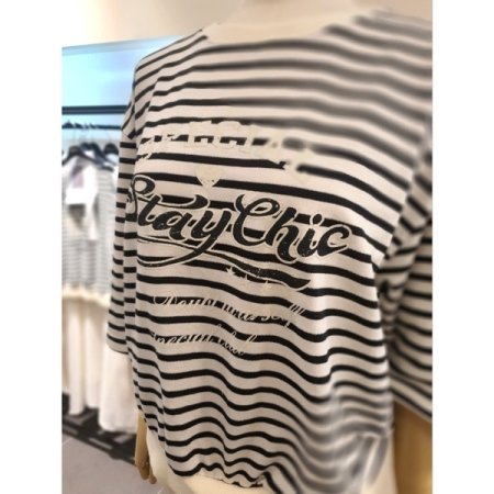 스트라이프 5부 소매 맨투맨 블랙