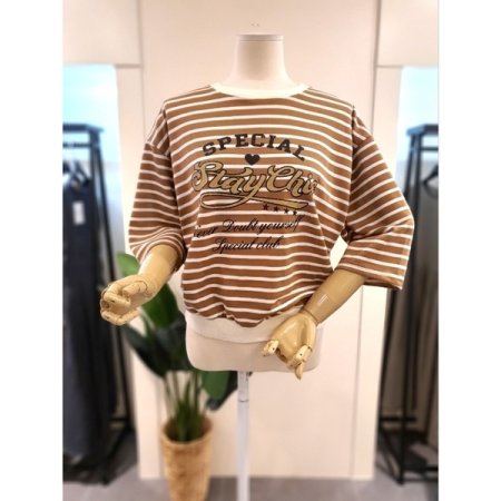 스트라이프 5부 소매 맨투맨 브라운