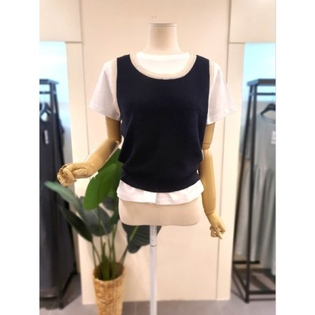 U넥 배색 엠보 조끼 배아자