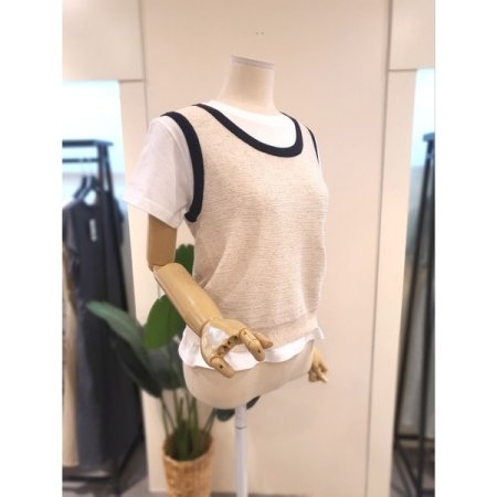 U넥 배색 엠보 조끼 배아자