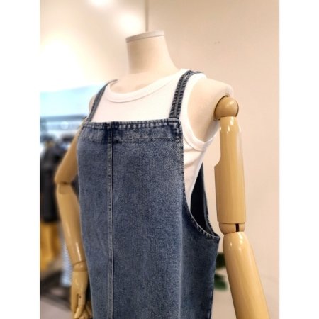 더블 스트랩 데님 롱 원피스 다크블루