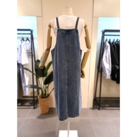 더블 스트랩 데님 롱 원피스 다크블루