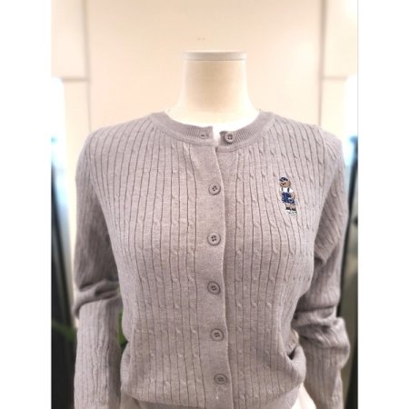 베어 자수 꽈배기 가디건 그레이