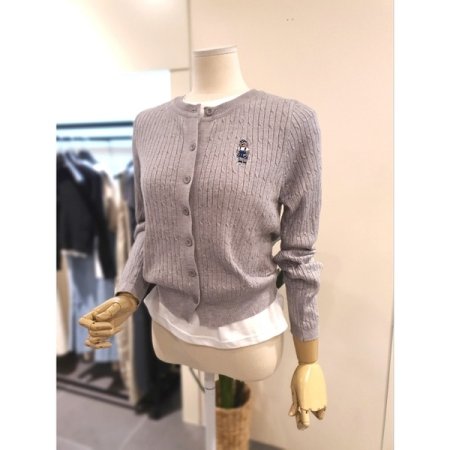 베어 자수 꽈배기 가디건 그레이