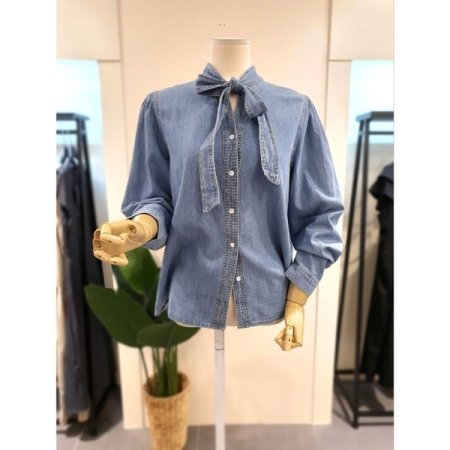 리본 노카라 데님 블라우스 다크블루