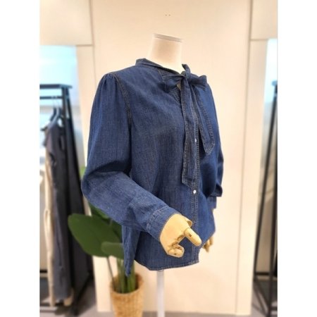 리본 노카라 데님 블라우스 다크블루