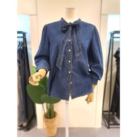 리본 노카라 데님 셔츠 블루