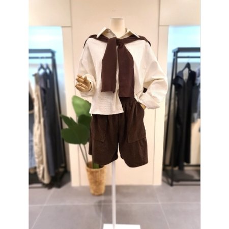 스트라이프 셔츠 숄 세트 크림