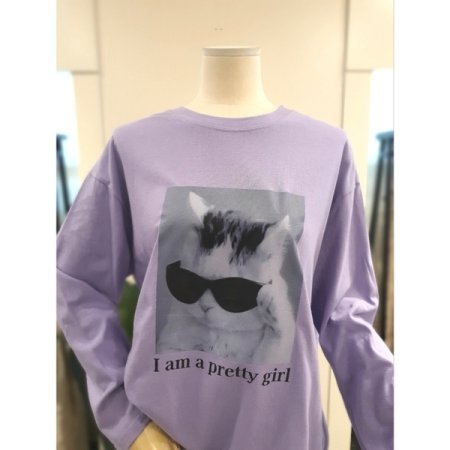 고양이 프린팅 박시 긴팔티 퍼플