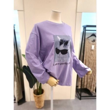 고양이 프린팅 박시 긴팔티 퍼플