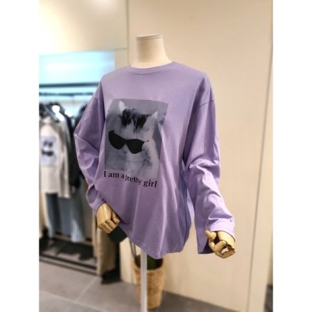 고양이 프린팅 박시 긴팔티 퍼플