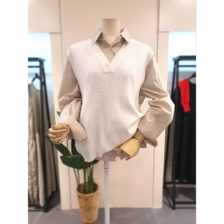 브이넥 니트 롱 조끼 아이보리