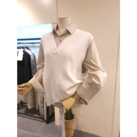 브이넥 니트 롱 조끼 아이보리