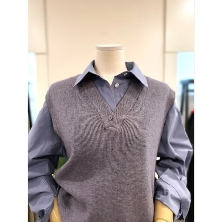 V넥 니트 롱 베스트 그레이