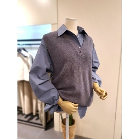 V넥 니트 롱 베스트 그레이