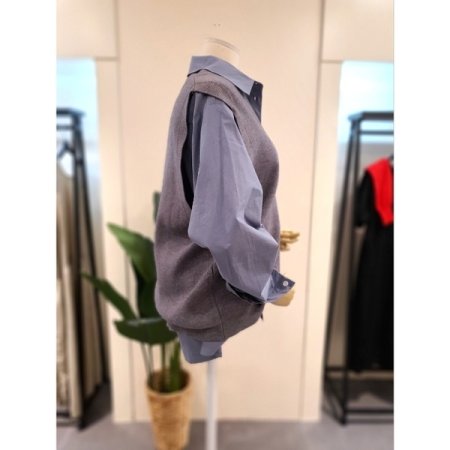 V넥 니트 롱 베스트 그레이