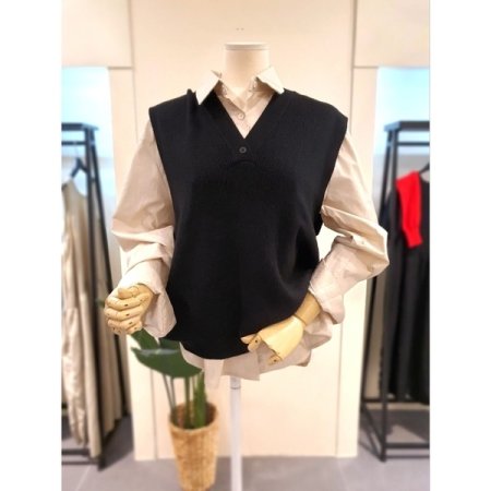 V넥 니트 롱 베스트 블랙