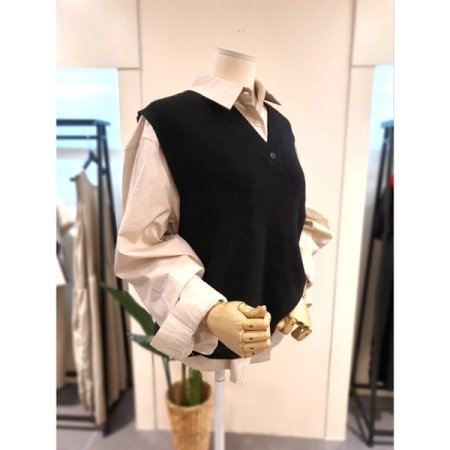 V넥 니트 롱 베스트 블랙