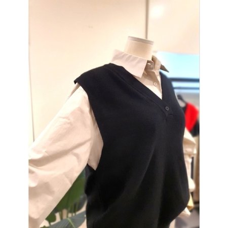 V넥 니트 롱 베스트 블랙