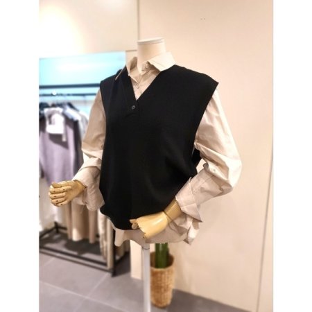 V넥 니트 롱 베스트 블랙