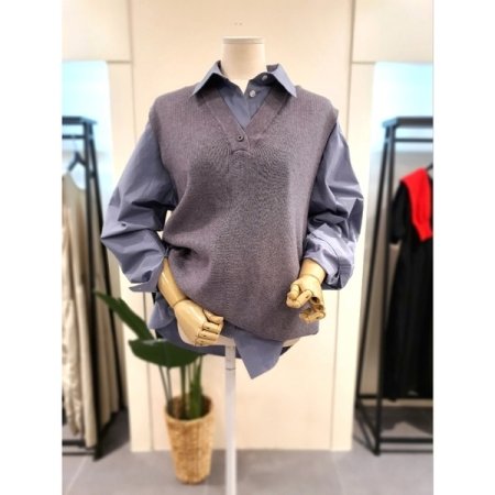 V넥 니트 롱 베스트 블랙