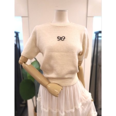 리본 크롭 반팔 니트 브라운