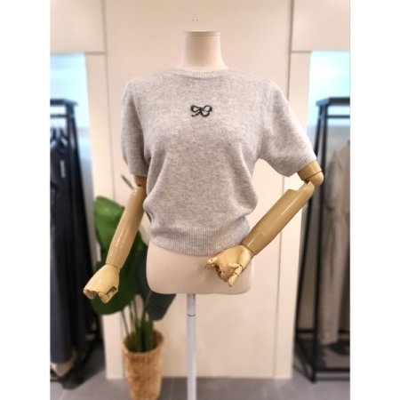 리본 크롭 반팔 니트 브라운