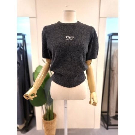 리본 크롭 반팔 니트 브라운