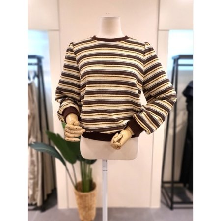 자가드 퍼프 스트라이프 티셔츠 브라운