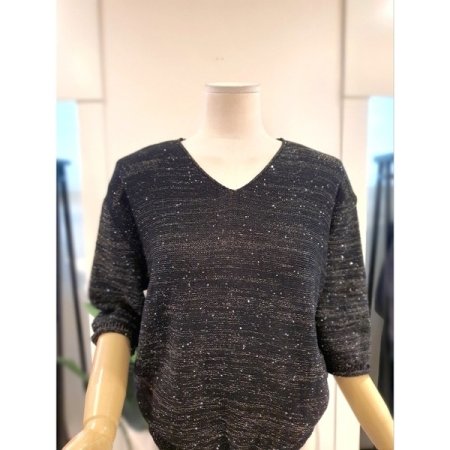 스팽글 7부소매 V넥 니트 블랙