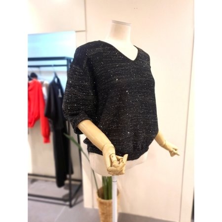 스팽글 7부소매 V넥 니트 블랙