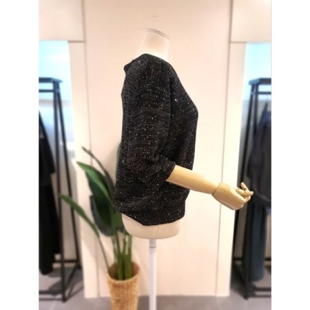 스팽글 7부소매 V넥 니트 블랙