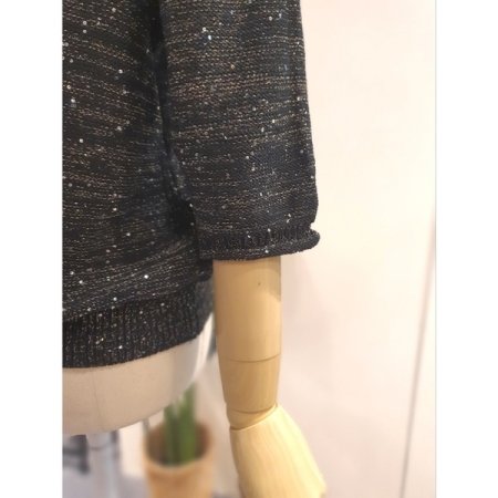 스팽글 7부소매 V넥 니트 블랙