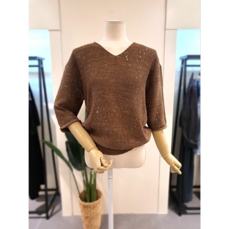 스팽글 V넥 7부 니트 브라운
