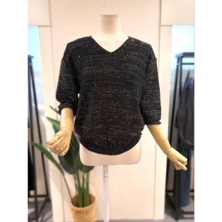 스팽글 V넥 7부 니트 브라운