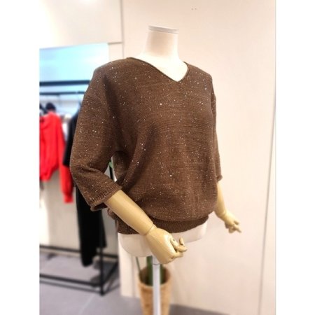 스팽글 V넥 7부 니트 브라운