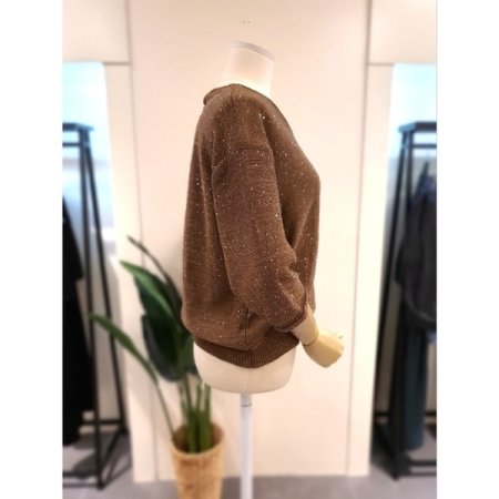 스팽글 V넥 7부 니트 브라운