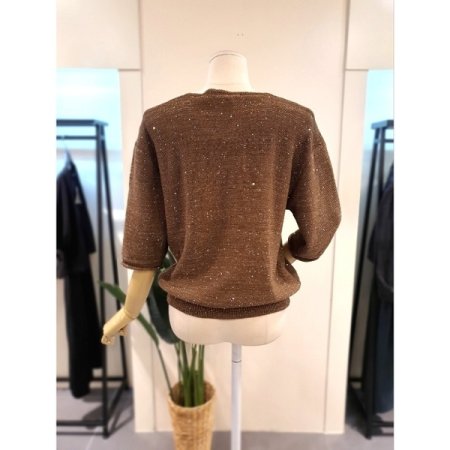 스팽글 V넥 7부 니트 브라운