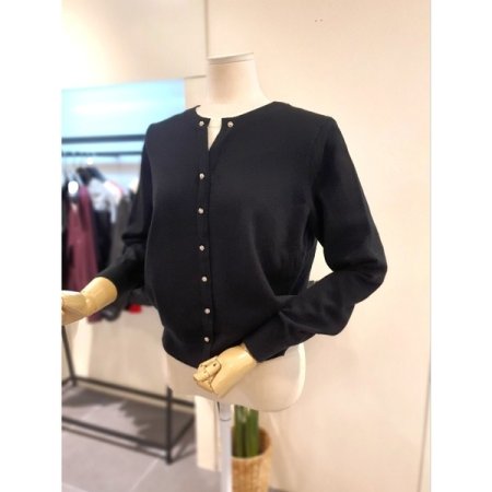 이중 넥 가디건 니트 블랙