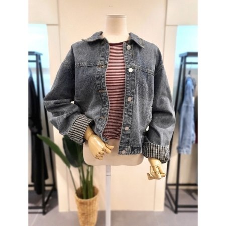 체크 소매 데님 자켓