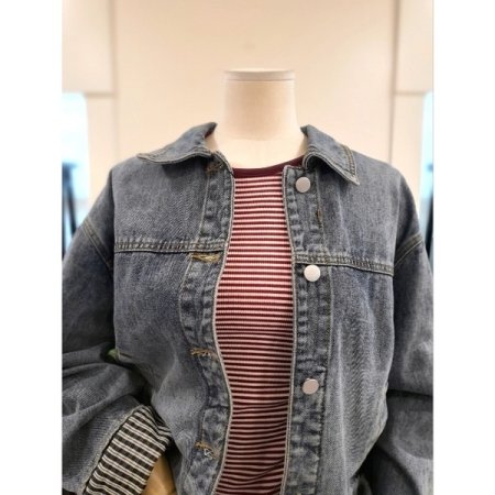 체크 소매 데님 자켓