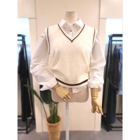 V넥 배색 니트 조끼 그레이