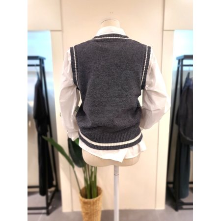 V넥 배색 니트 조끼 그레이